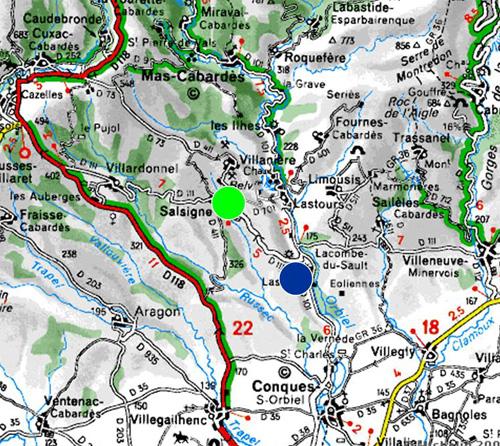 Salsigne (zöld) és La Combe du Saut (kék) elhelyezkedése térképen
