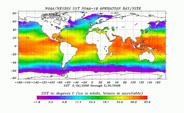 Temperature of seas and oceans, 2009